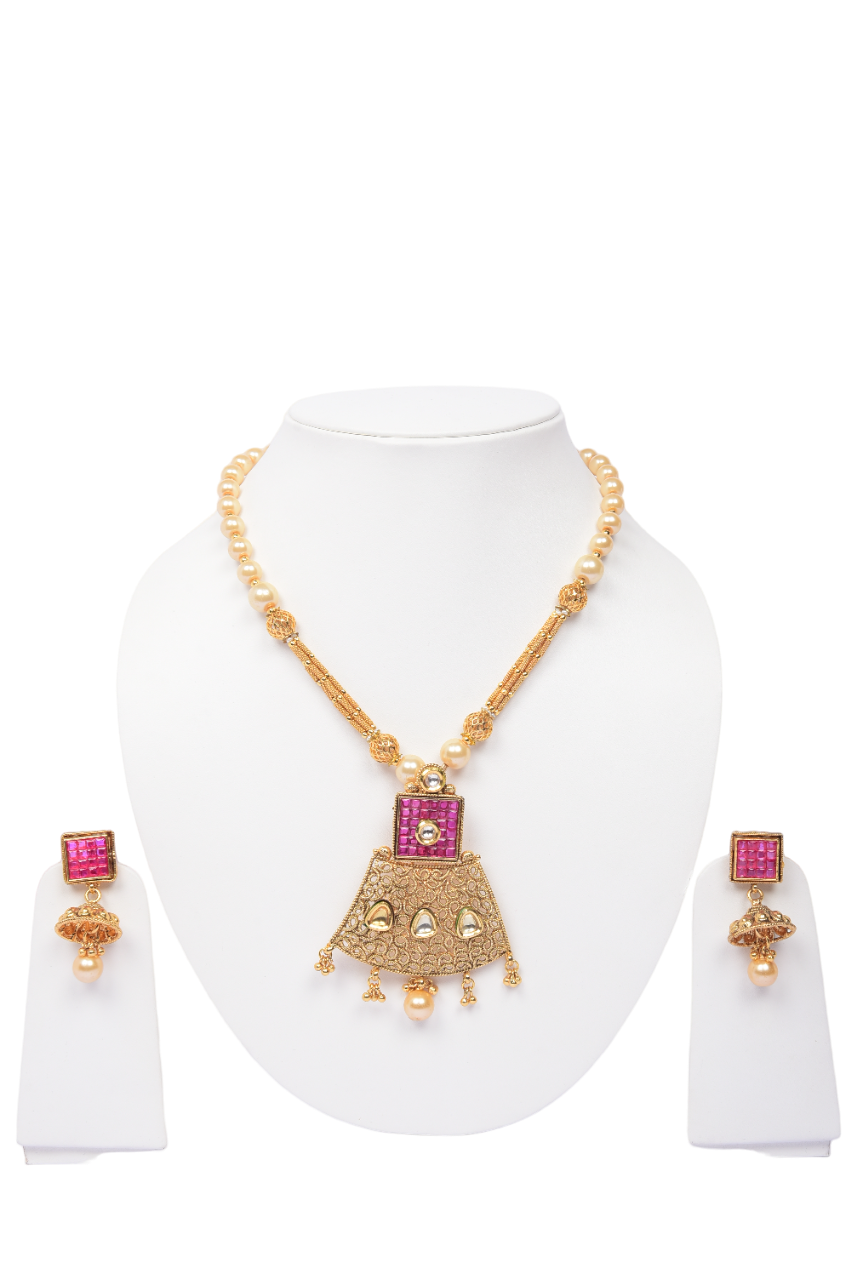Namokriti Traditional Pearl & Pink Stone Temple Necklace Set for Women